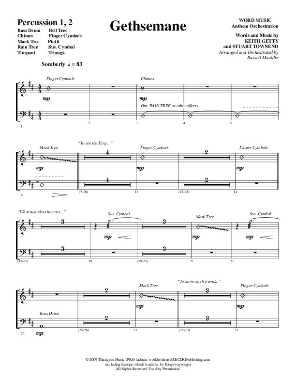 Gethsemane (To See The King Of Heaven Fall) (Choral Anthem SATB) Percussion 1/2 (Word Music Choral / Arr. Russell Mauldin)