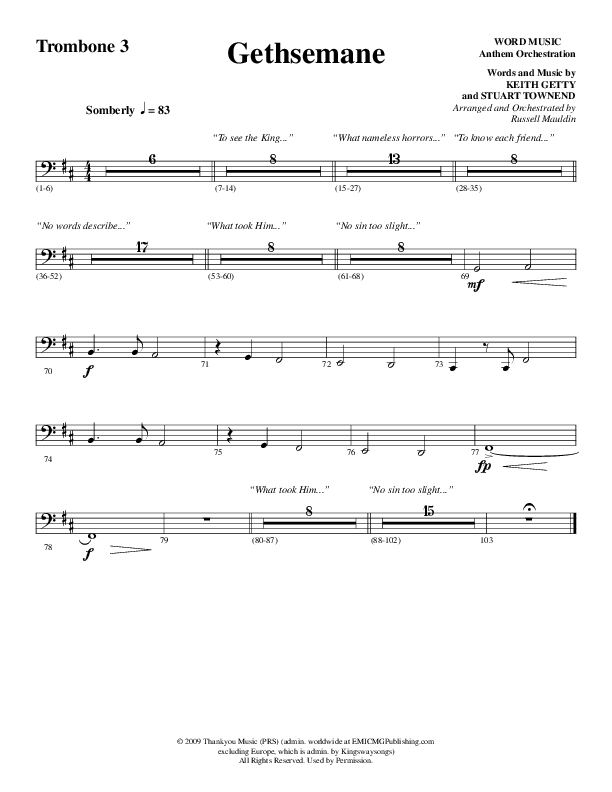 Gethsemane (To See The King Of Heaven Fall) (Choral Anthem SATB) Trombone 3 (Word Music Choral / Arr. Russell Mauldin)