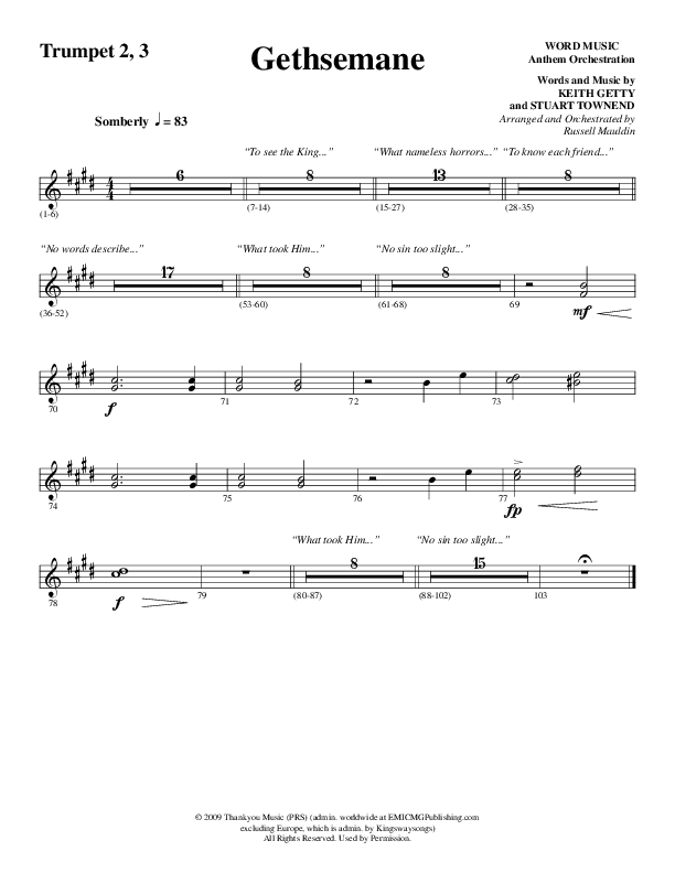 Gethsemane (To See The King Of Heaven Fall) (Choral Anthem SATB) Trumpet 2/3 (Word Music Choral / Arr. Russell Mauldin)