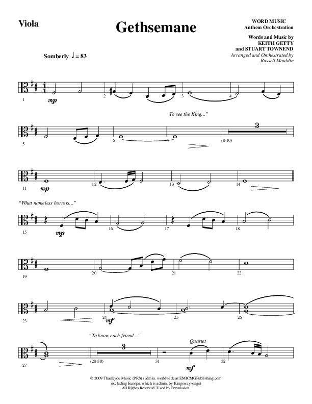 Gethsemane (To See The King Of Heaven Fall) (Choral Anthem SATB) Viola (Word Music Choral / Arr. Russell Mauldin)