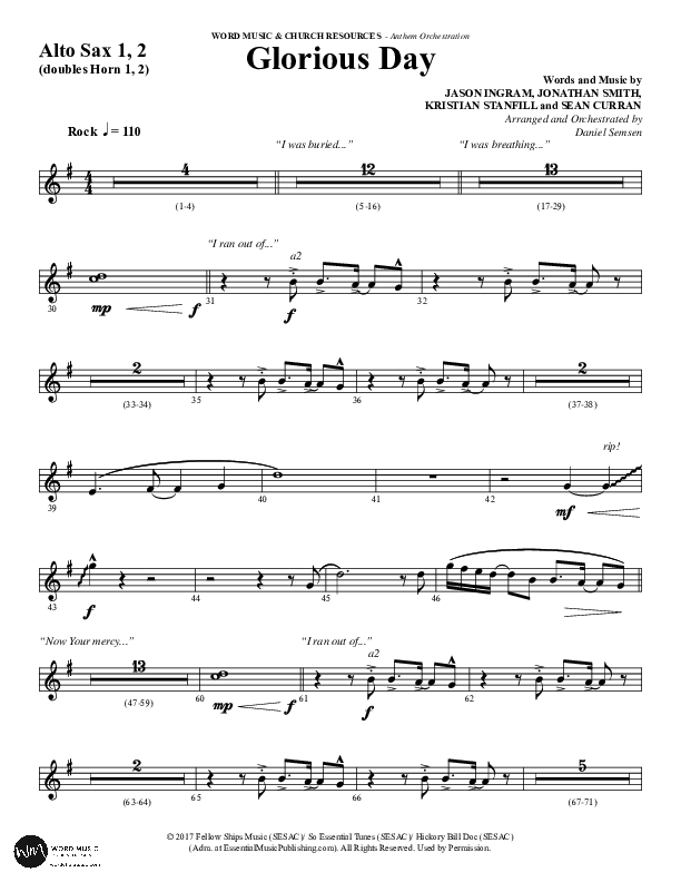Glorious Day (Choral Anthem SATB) Alto Sax 1/2 (Word Music Choral / Arr. Daniel Semsen)