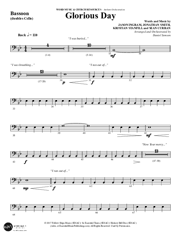 Glorious Day (Choral Anthem SATB) Bassoon (Word Music Choral / Arr. Daniel Semsen)