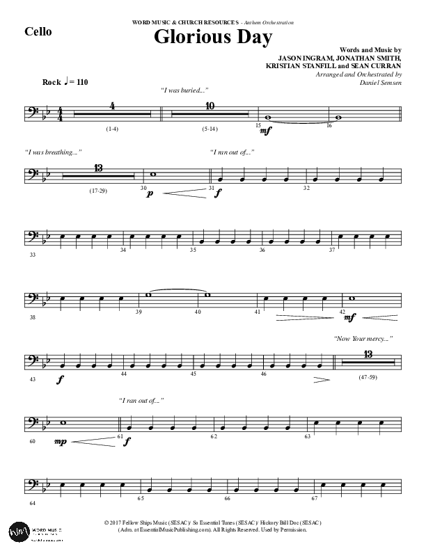 Glorious Day (Choral Anthem SATB) Cello (Word Music Choral / Arr. Daniel Semsen)