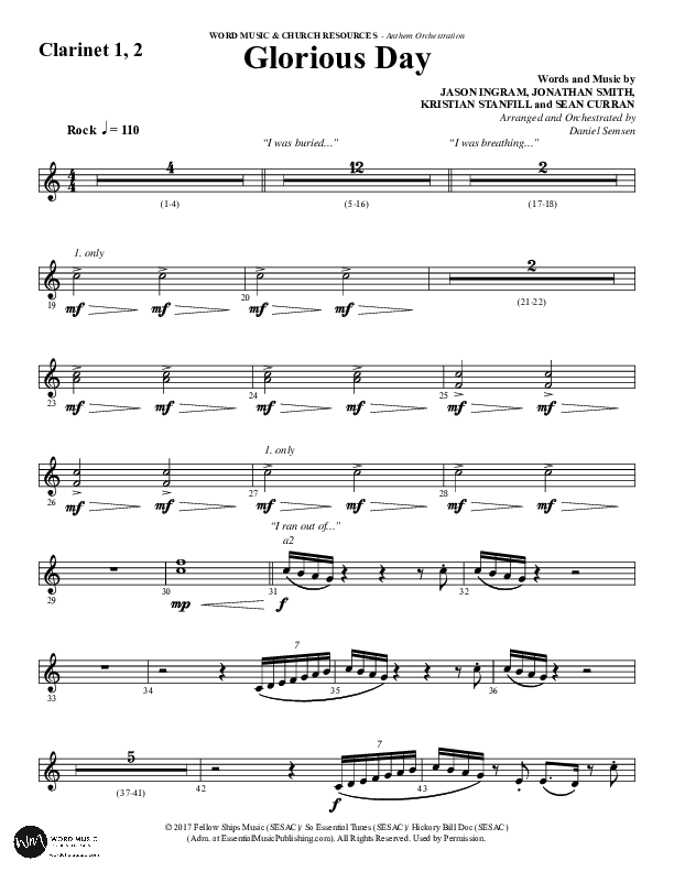 Glorious Day (Choral Anthem SATB) Clarinet 1/2 (Word Music Choral / Arr. Daniel Semsen)