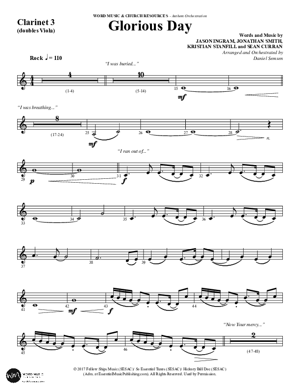 Glorious Day (Choral Anthem SATB) Clarinet 3 (Word Music Choral / Arr. Daniel Semsen)