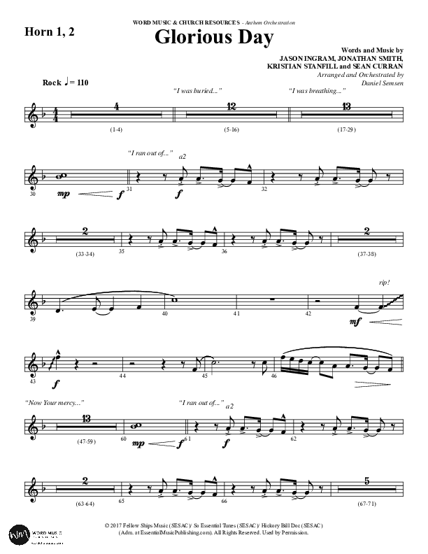 Glorious Day (Choral Anthem SATB) French Horn 1/2 (Word Music Choral / Arr. Daniel Semsen)
