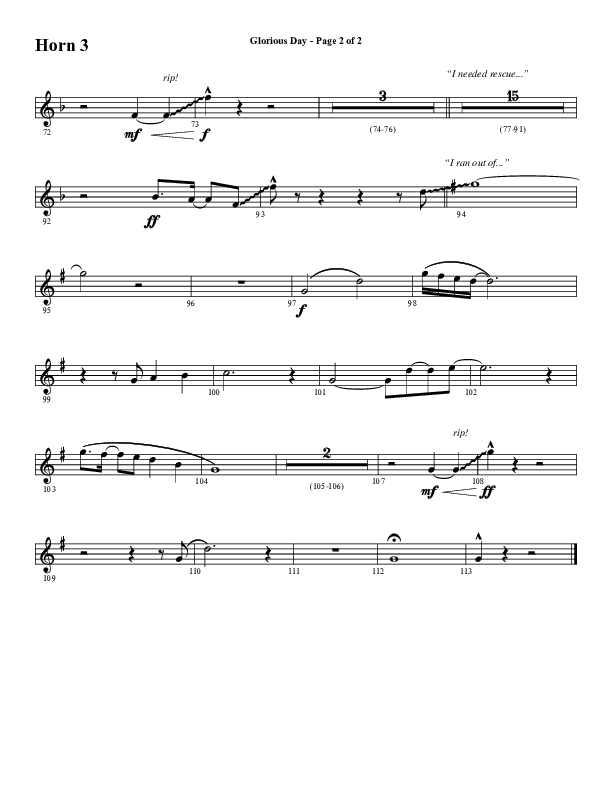 Glorious Day (Choral Anthem SATB) French Horn 3 (Word Music Choral / Arr. Daniel Semsen)