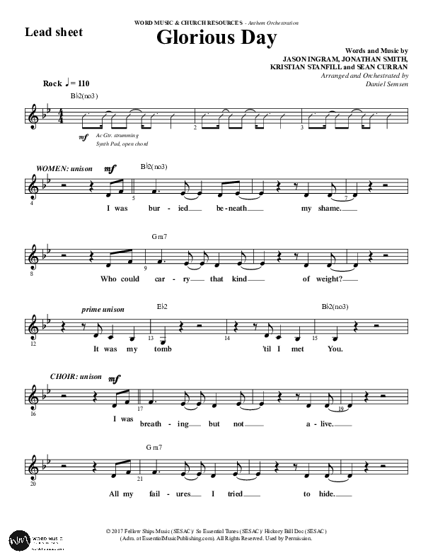 Glorious Day (Choral Anthem SATB) Lead Sheet (Melody) (Word Music Choral / Arr. Daniel Semsen)