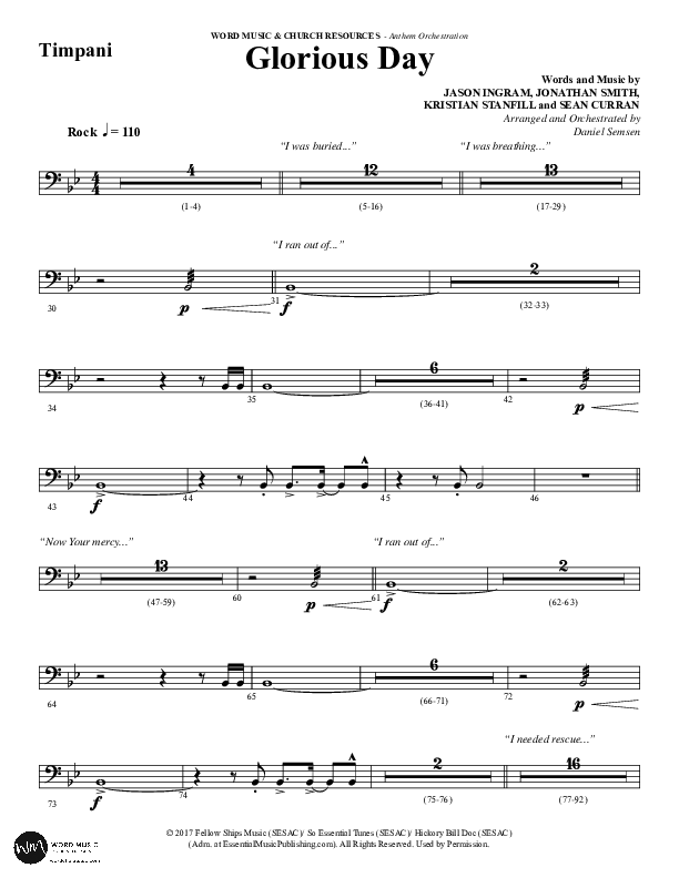 Glorious Day (Choral Anthem SATB) Timpani (Word Music Choral / Arr. Daniel Semsen)