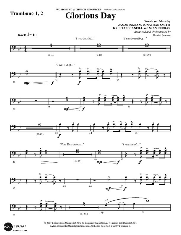 Glorious Day (Choral Anthem SATB) Trombone 1/2 (Word Music Choral / Arr. Daniel Semsen)