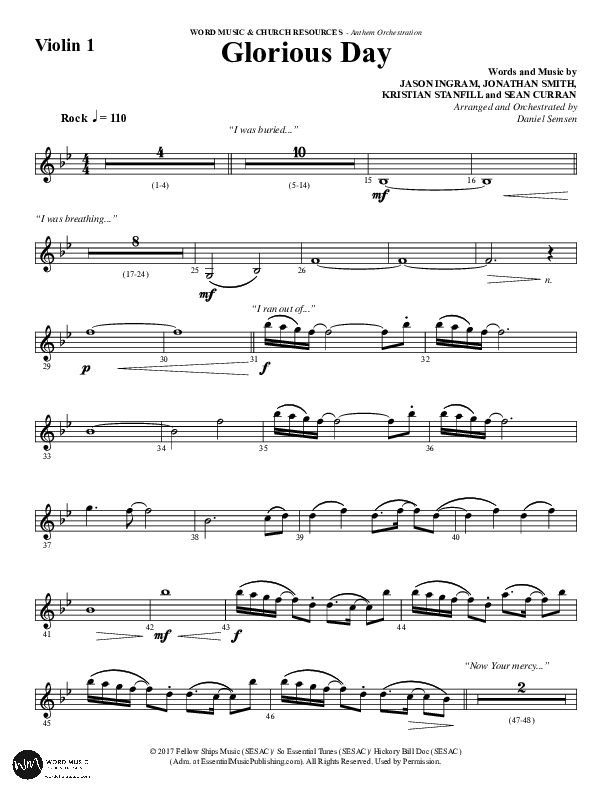Glorious Day (Choral Anthem SATB) Violin 1 (Word Music Choral / Arr. Daniel Semsen)