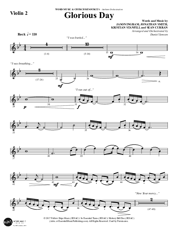 Glorious Day (Choral Anthem SATB) Violin 2 (Word Music Choral / Arr. Daniel Semsen)