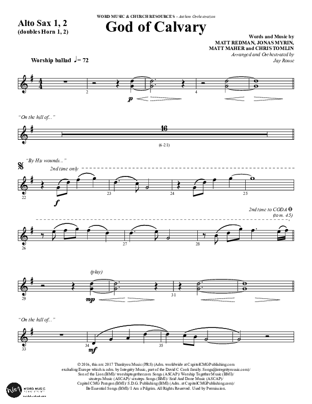 God Of Calvary (Choral Anthem SATB) Alto Sax 1/2 (Word Music Choral / Arr. Jay Rouse)
