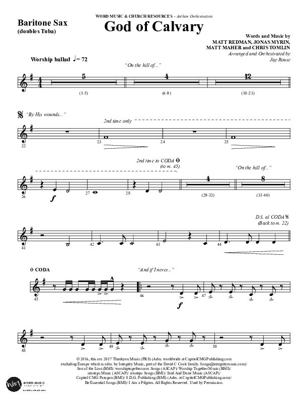 God Of Calvary (Choral Anthem SATB) Bari Sax (Word Music Choral / Arr. Jay Rouse)