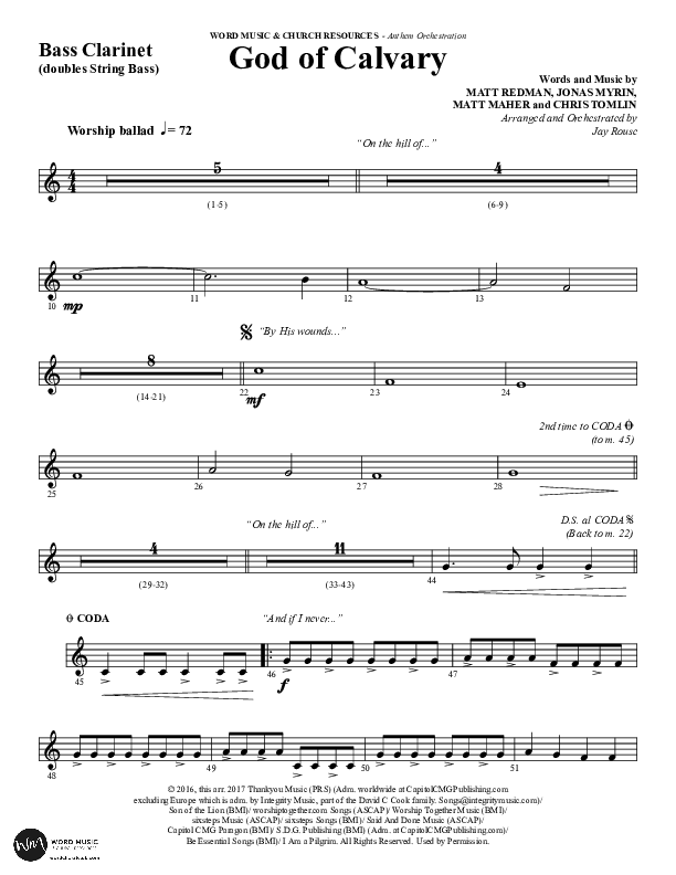 God Of Calvary (Choral Anthem SATB) Bass Clarinet (Word Music Choral / Arr. Jay Rouse)