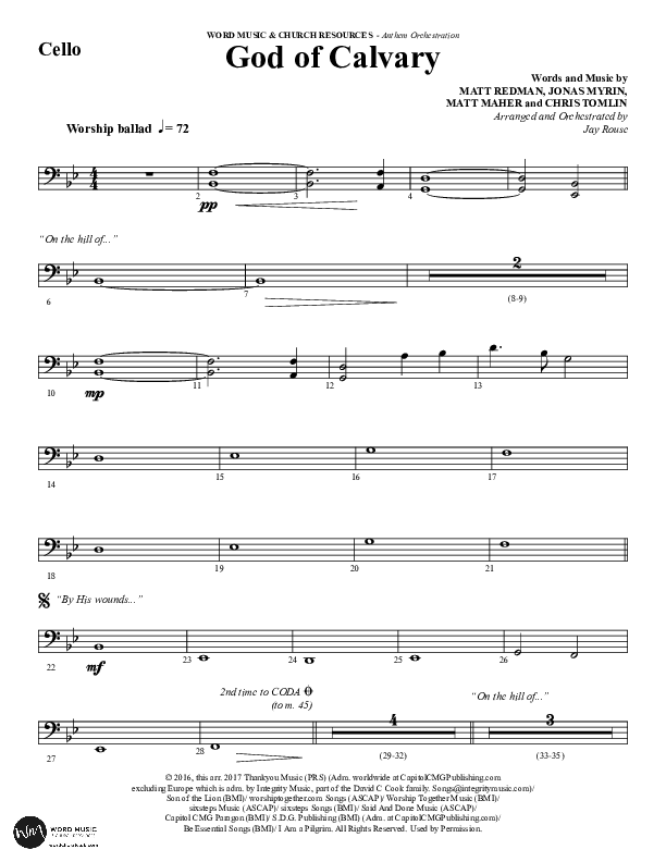God Of Calvary (Choral Anthem SATB) Cello (Word Music Choral / Arr. Jay Rouse)