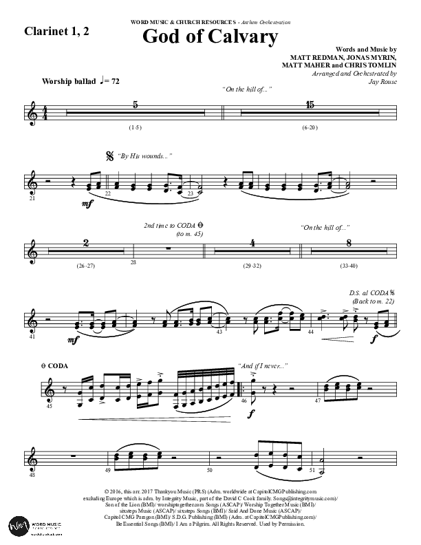 God Of Calvary (Choral Anthem SATB) Clarinet 1/2 (Word Music Choral / Arr. Jay Rouse)