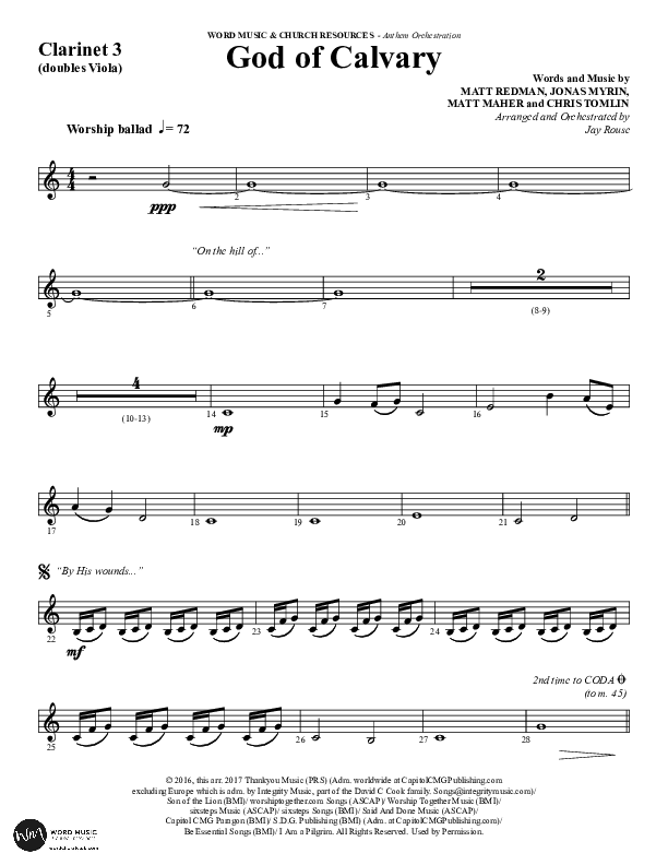 God Of Calvary (Choral Anthem SATB) Clarinet 3 (Word Music Choral / Arr. Jay Rouse)