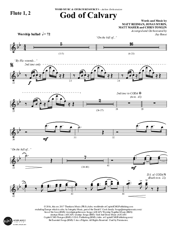 God Of Calvary (Choral Anthem SATB) Flute 1/2 (Word Music Choral / Arr. Jay Rouse)