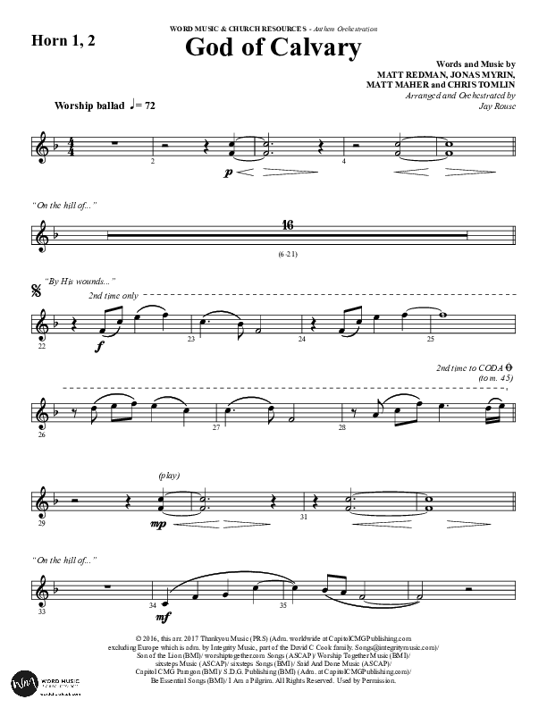 God Of Calvary (Choral Anthem SATB) French Horn (Word Music Choral / Arr. Jay Rouse)
