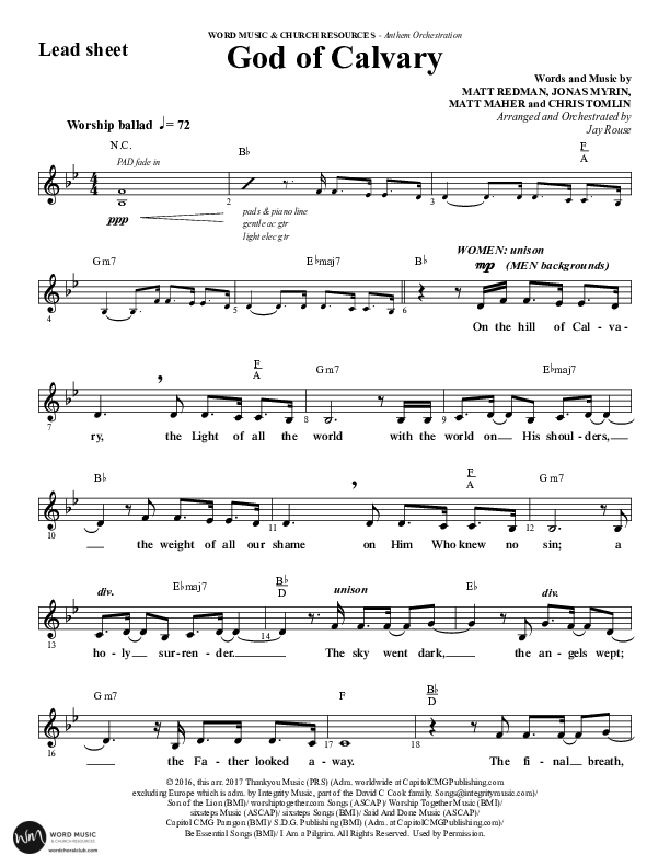 God Of Calvary (Choral Anthem SATB) Lead Sheet (Melody) (Word Music Choral / Arr. Jay Rouse)