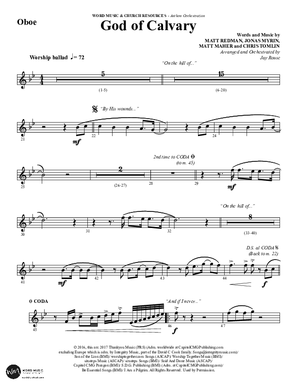 God Of Calvary (Choral Anthem SATB) Oboe (Word Music Choral / Arr. Jay Rouse)