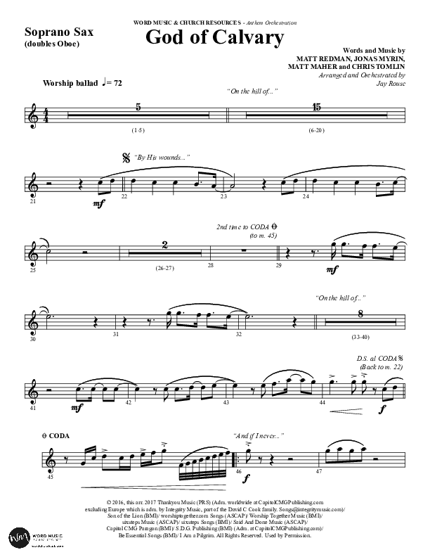 God Of Calvary (Choral Anthem SATB) Soprano Sax (Word Music Choral / Arr. Jay Rouse)