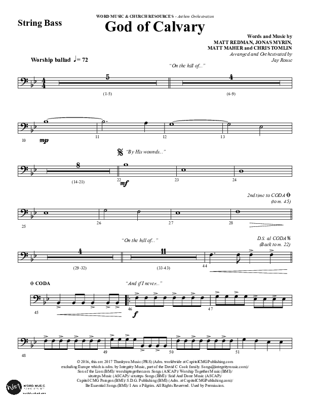 God Of Calvary (Choral Anthem SATB) String Bass (Word Music Choral / Arr. Jay Rouse)