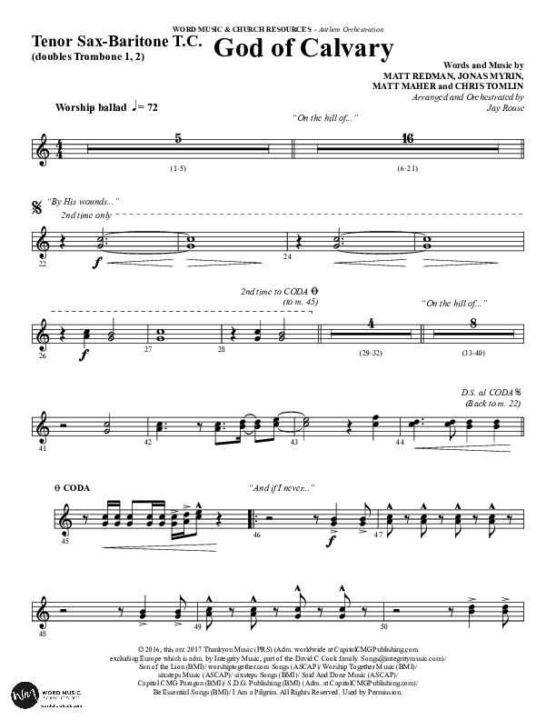 God Of Calvary (Choral Anthem SATB) Tenor Sax/Baritone T.C. (Word Music Choral / Arr. Jay Rouse)