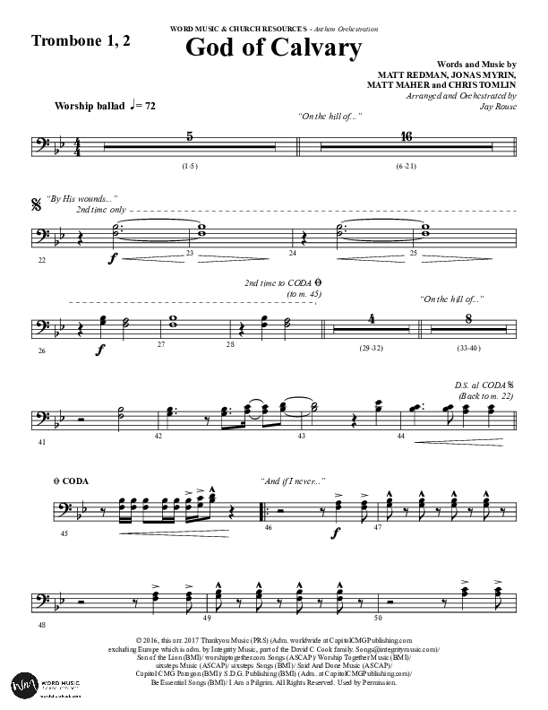 God Of Calvary (Choral Anthem SATB) Trombone 1/2 (Word Music Choral / Arr. Jay Rouse)