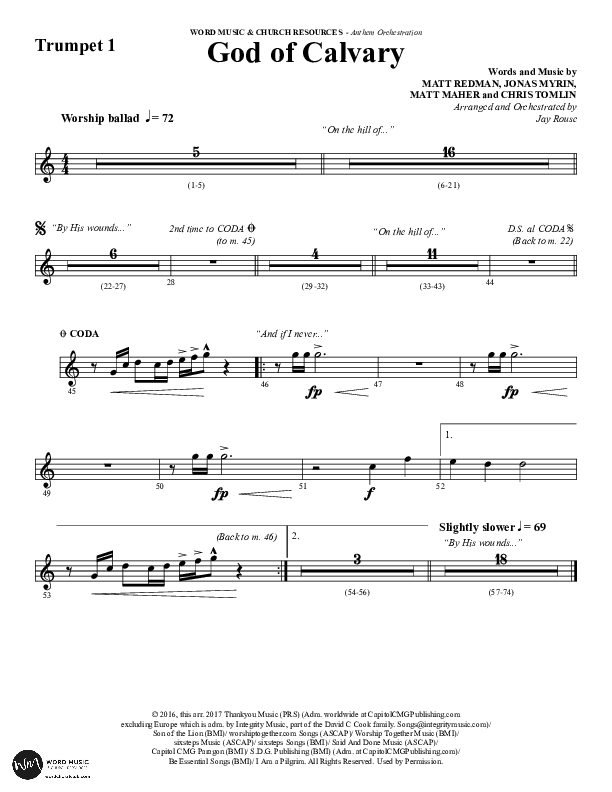 God Of Calvary (Choral Anthem SATB) Trumpet 1 (Word Music Choral / Arr. Jay Rouse)