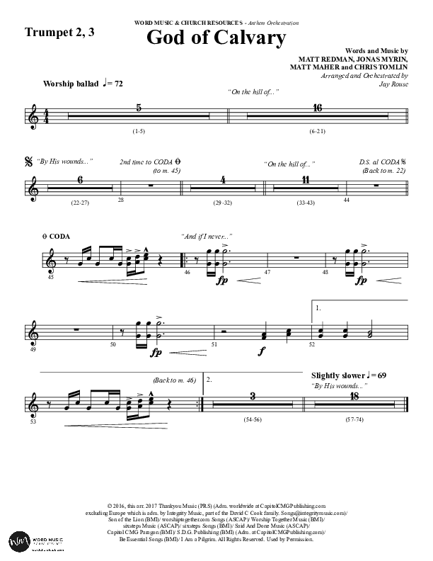 God Of Calvary (Choral Anthem SATB) Trumpet 2/3 (Word Music Choral / Arr. Jay Rouse)