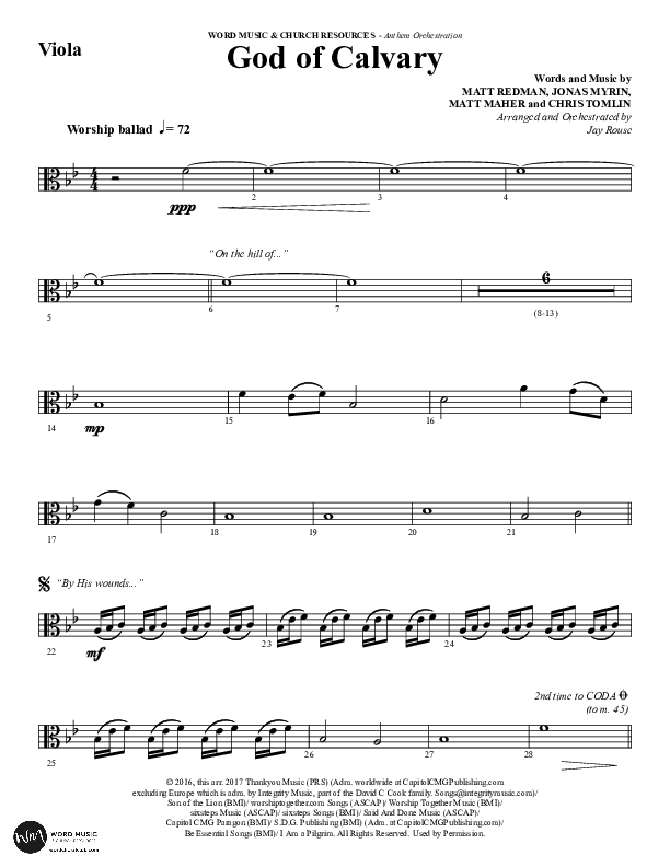 God Of Calvary (Choral Anthem SATB) Viola (Word Music Choral / Arr. Jay Rouse)