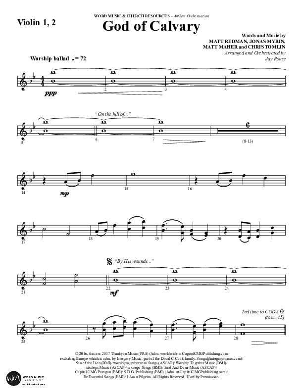 God Of Calvary (Choral Anthem SATB) Violin 1/2 (Word Music Choral / Arr. Jay Rouse)