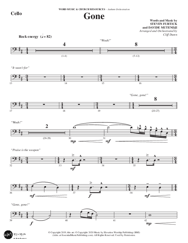 Gone (Choral Anthem SATB) Cello (Word Music Choral / Arr. Cliff Duren)