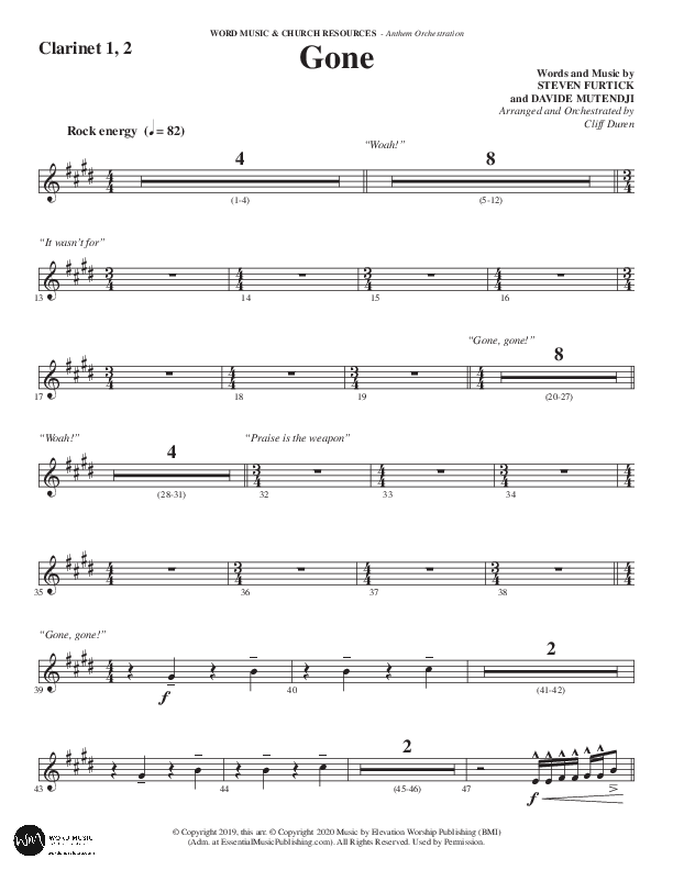 Gone (Choral Anthem SATB) Clarinet 1/2 (Word Music Choral / Arr. Cliff Duren)