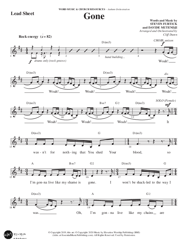 Gone (Choral Anthem SATB) Lead Sheet (Melody) (Word Music Choral / Arr. Cliff Duren)