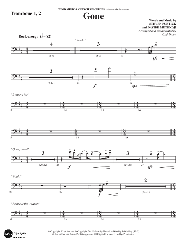 Gone (Choral Anthem SATB) Trombone 1/2 (Word Music Choral / Arr. Cliff Duren)