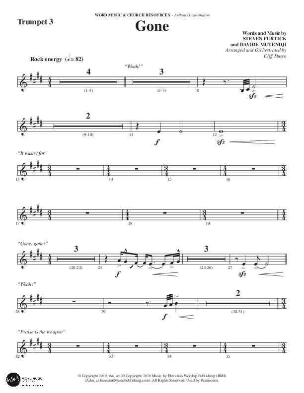 Gone (Choral Anthem SATB) Trumpet 3 (Word Music Choral / Arr. Cliff Duren)
