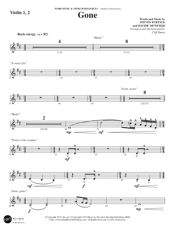Gone (Choral Anthem SATB) Violin 1/2 (Word Music Choral / Arr. Cliff Duren)