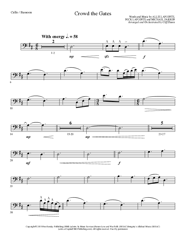 Crowd The Gates (Choral Anthem SATB) Cello (Lillenas Choral / Arr. Cliff Duren)
