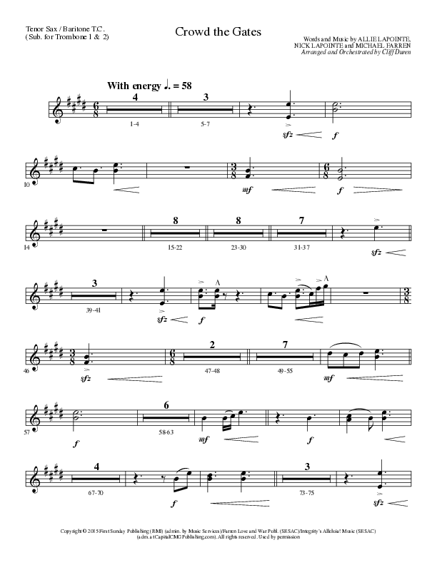 Crowd The Gates (Choral Anthem SATB) Tenor Sax/Baritone T.C. (Lillenas Choral / Arr. Cliff Duren)