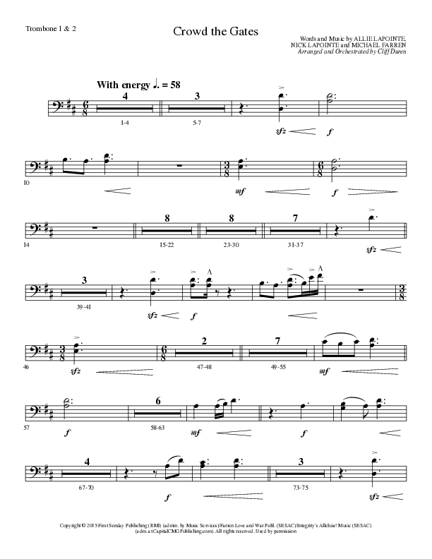 Crowd The Gates (Choral Anthem SATB) Trombone 1/2 (Lillenas Choral / Arr. Cliff Duren)
