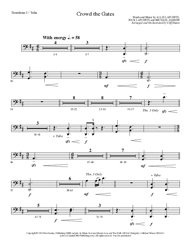 Crowd The Gates (Choral Anthem SATB) Trombone 3/Tuba (Lillenas Choral / Arr. Cliff Duren)