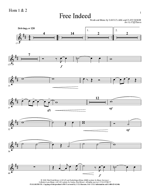 Free Indeed (Choral Anthem SATB) French Horn 1/2 (Lillenas Choral / Arr. Cliff Duren / Orch. Cliff Duren)
