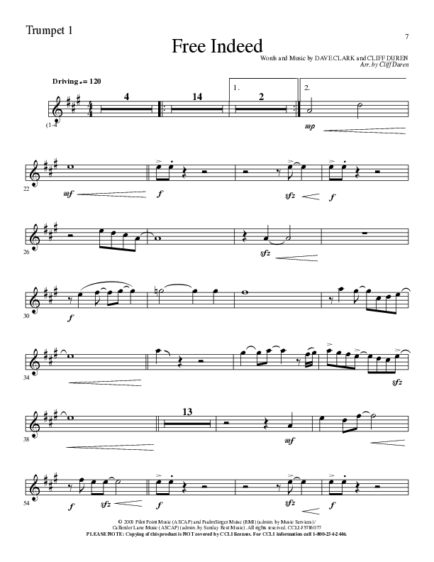Free Indeed (Choral Anthem SATB) Trumpet 1 (Lillenas Choral / Arr. Cliff Duren / Orch. Cliff Duren)