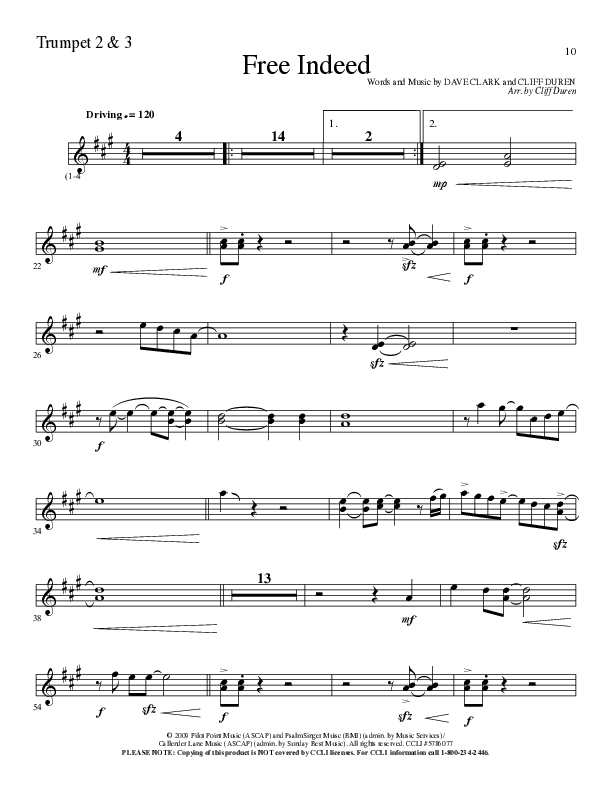 Free Indeed (Choral Anthem SATB) Trumpet 2/3 (Lillenas Choral / Arr. Cliff Duren / Orch. Cliff Duren)