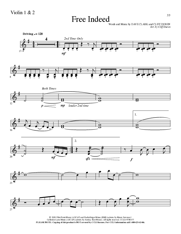 Free Indeed (Choral Anthem SATB) Violin 1/2 (Lillenas Choral / Arr. Cliff Duren / Orch. Cliff Duren)