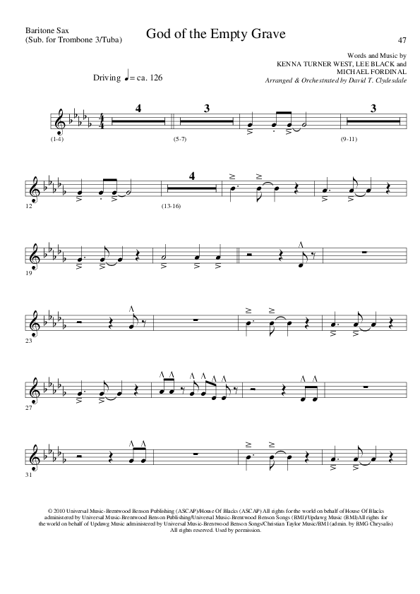God of the Empty Grave (Choral Anthem SATB) Bari Sax (Lillenas Choral / Arr. David Clydesdale)