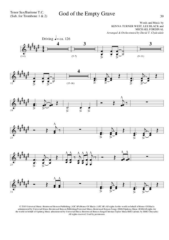 God of the Empty Grave (Choral Anthem SATB) Tenor Sax/Baritone T.C. (Lillenas Choral / Arr. David Clydesdale)